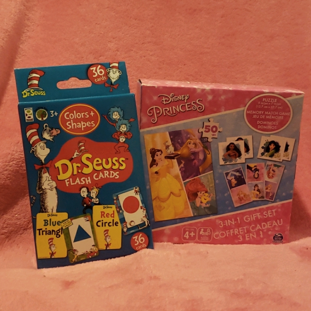 Dr. Seuss flash cards and Disney princess puzzle